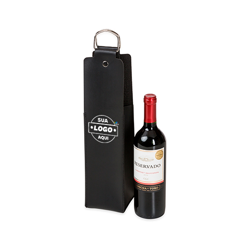 Estojo porta vinho em couro sintético bidim, contém duas alças metálicas e botão para lacre.
Altura :  43 cm
Largura :  9,7 cm
Medidas aproximadas para gravação (CxL):  8,8 cm x 23 cm